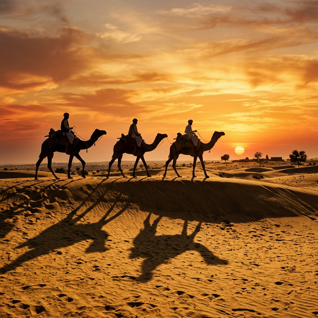 Camel caravan silhouette at golden sunset in Thar Desert