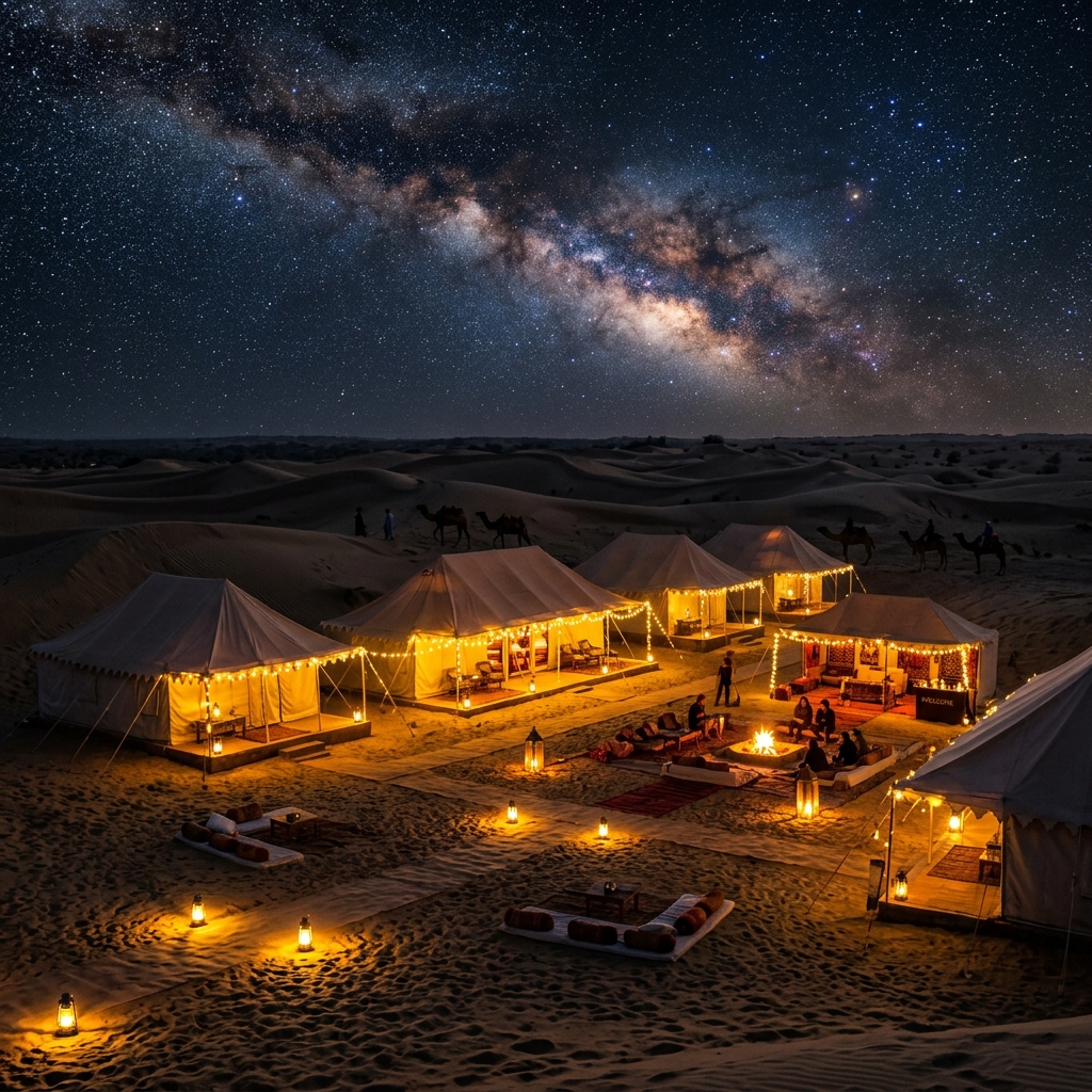 Luxury desert camping tents lit by lanterns under a starry sky