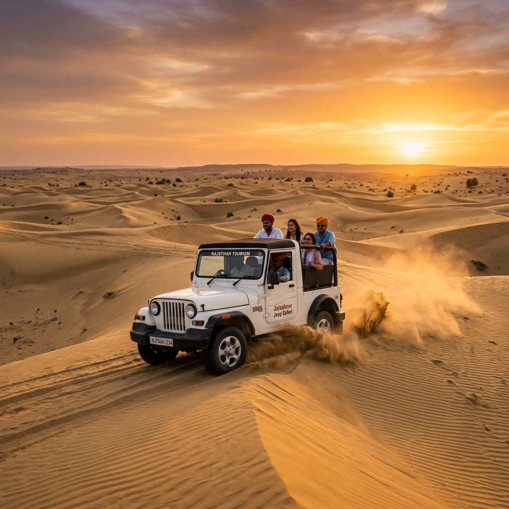 4x4 jeep racing through golden sand dunes at sunset