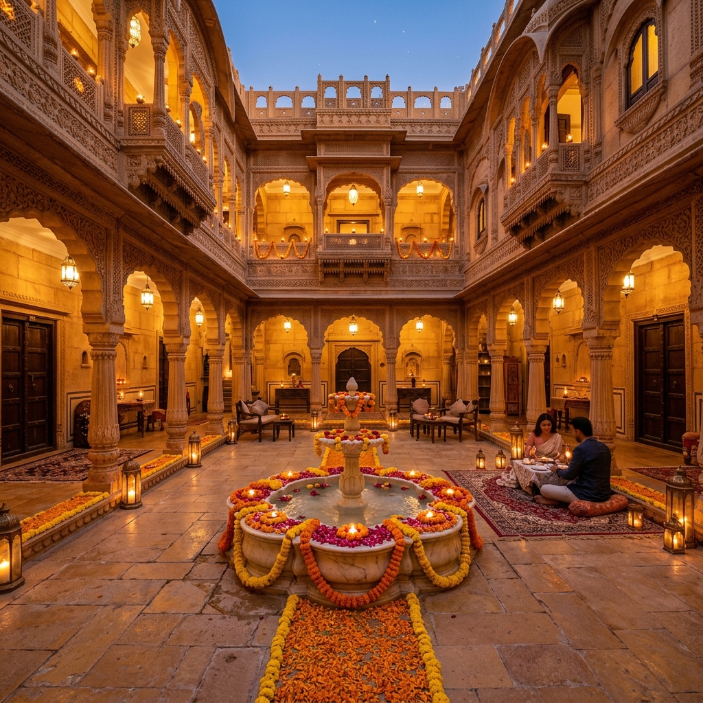 Ornate sandstone haveli courtyard with lanterns and marigold decorations