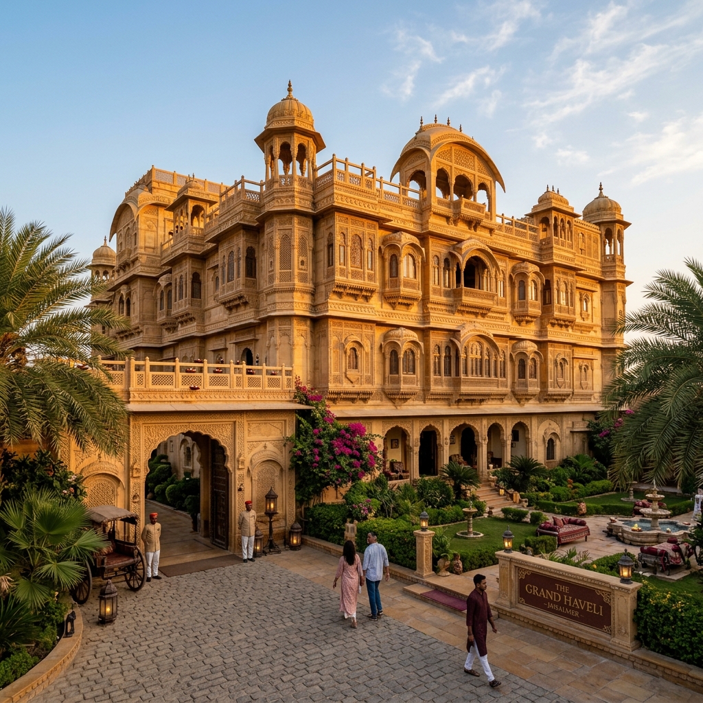 Luxury heritage hotel exterior in Jaisalmer, golden sandstone architecture