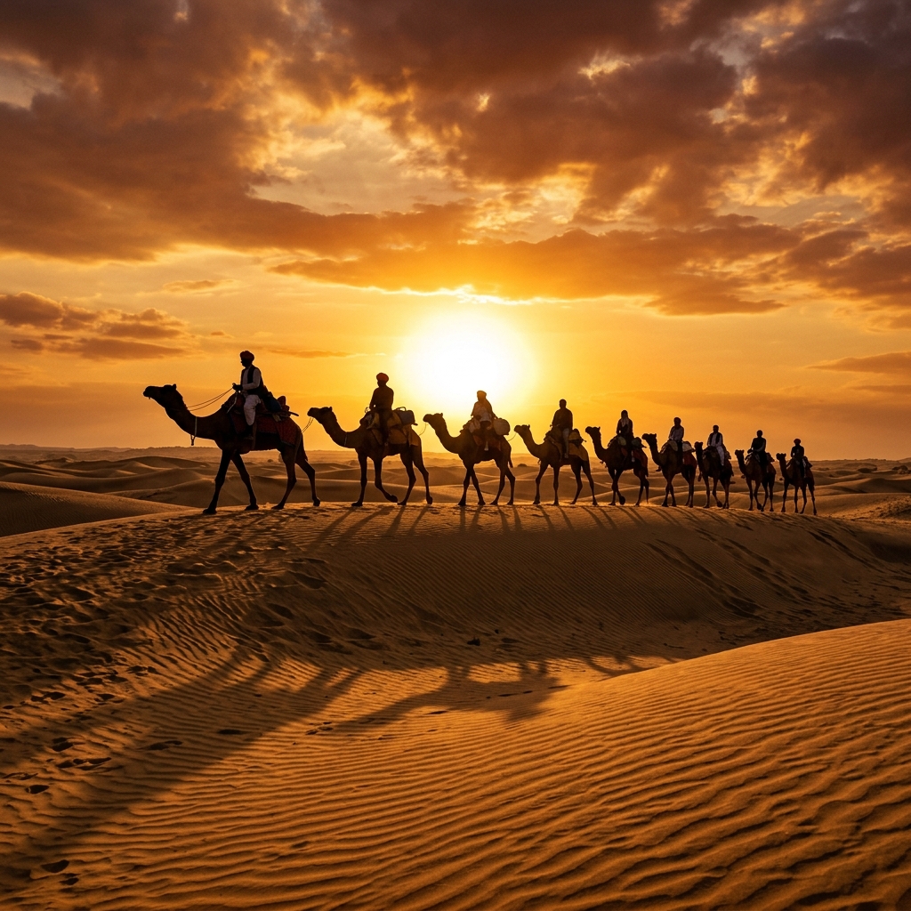 Camel safari at sunset in Thar Desert